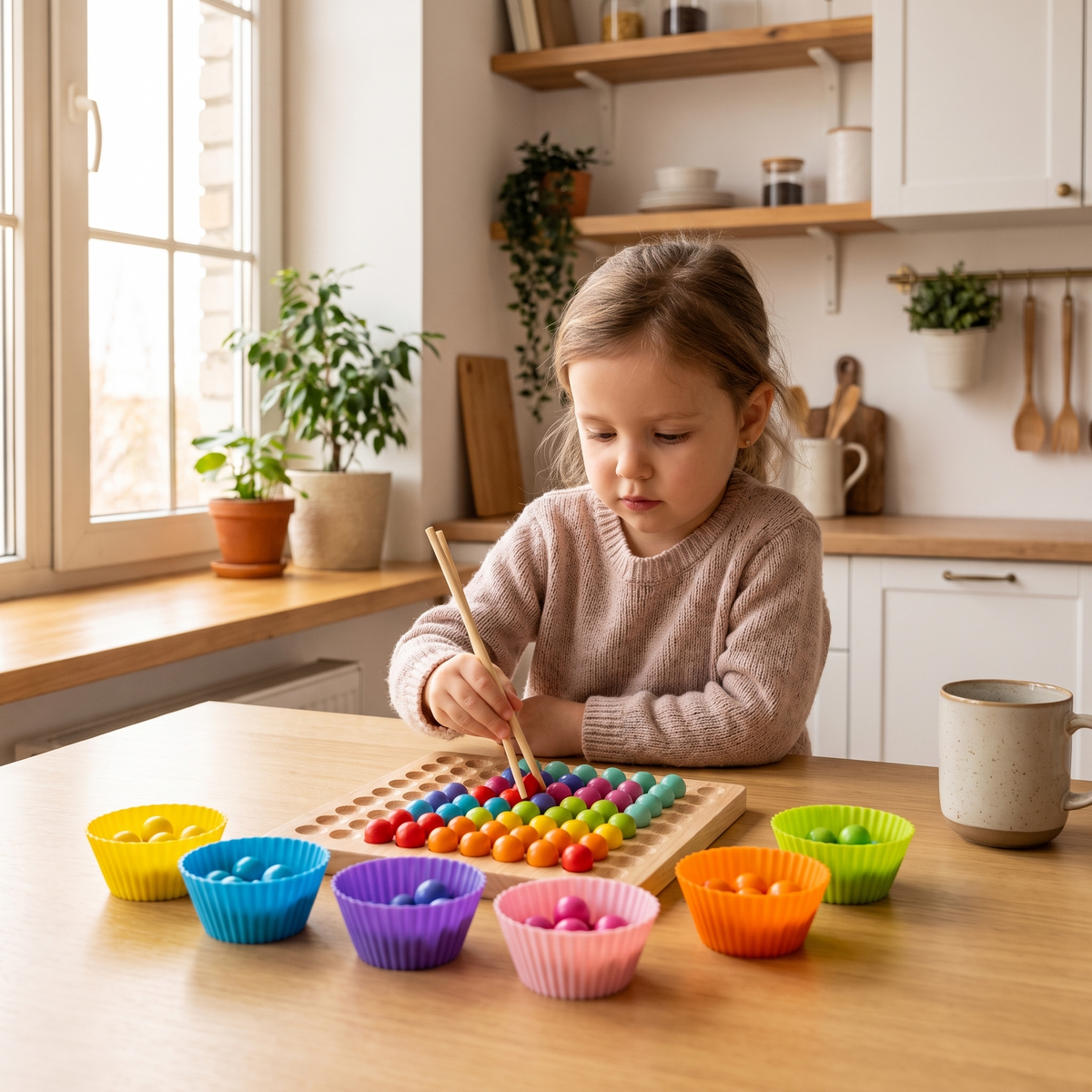 Dziewczynka przekłada kulki pałeczkami przy kuchennym stole
